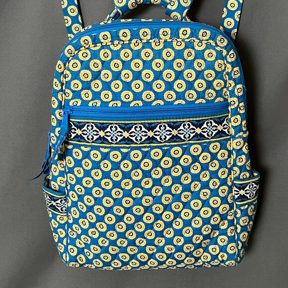 Vera Bradley Riveria Blue Yellow Floral Back Pack Book Bag 7 pocket 14" - Picture 3 of 9